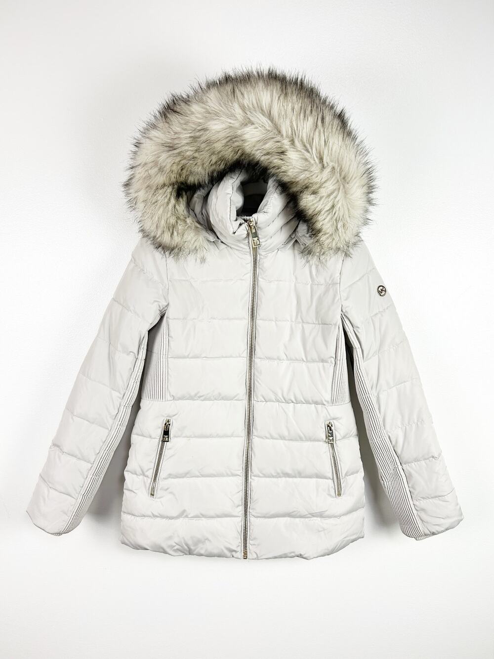 Michael Kors Light Gray Winter Puffer Coat Faux Fur Hood Gold Logo Size Small